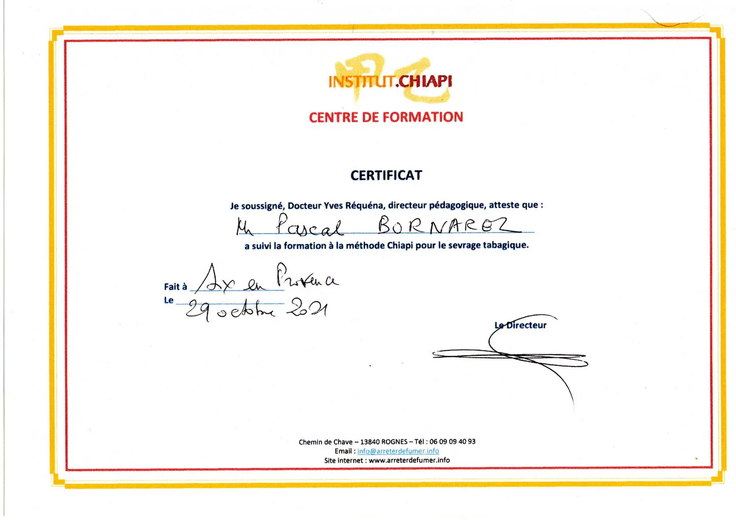 Certificat de formation à la méthode Chiapi de Pascal Bornarel