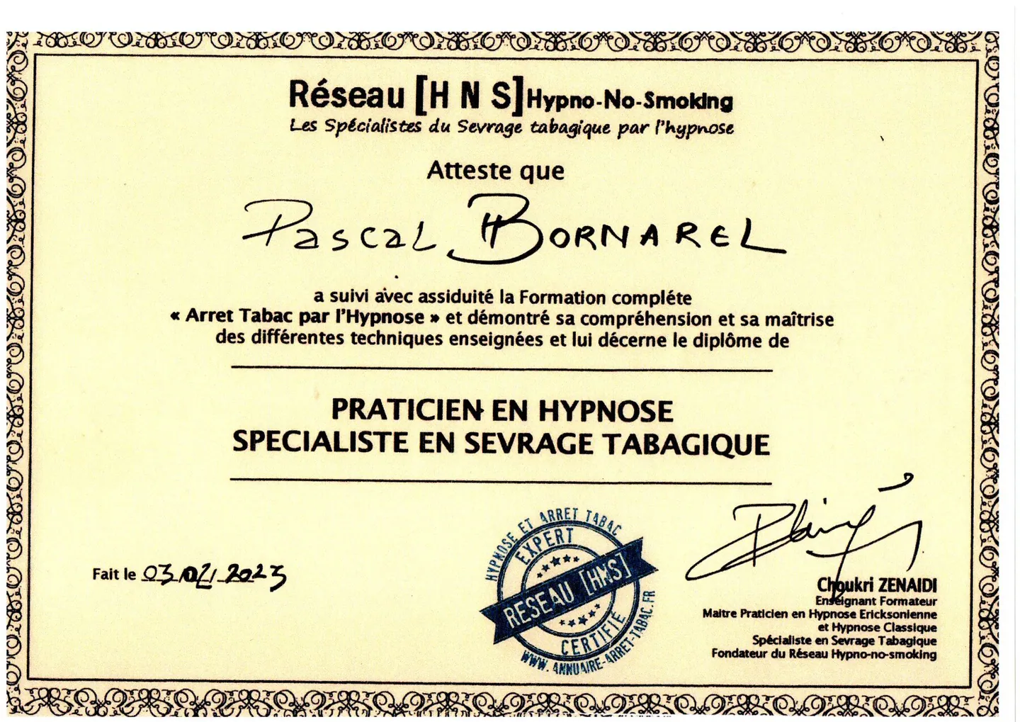 Certificat de formation en hypnose et sevrage tabagique de Pascal Bornarel