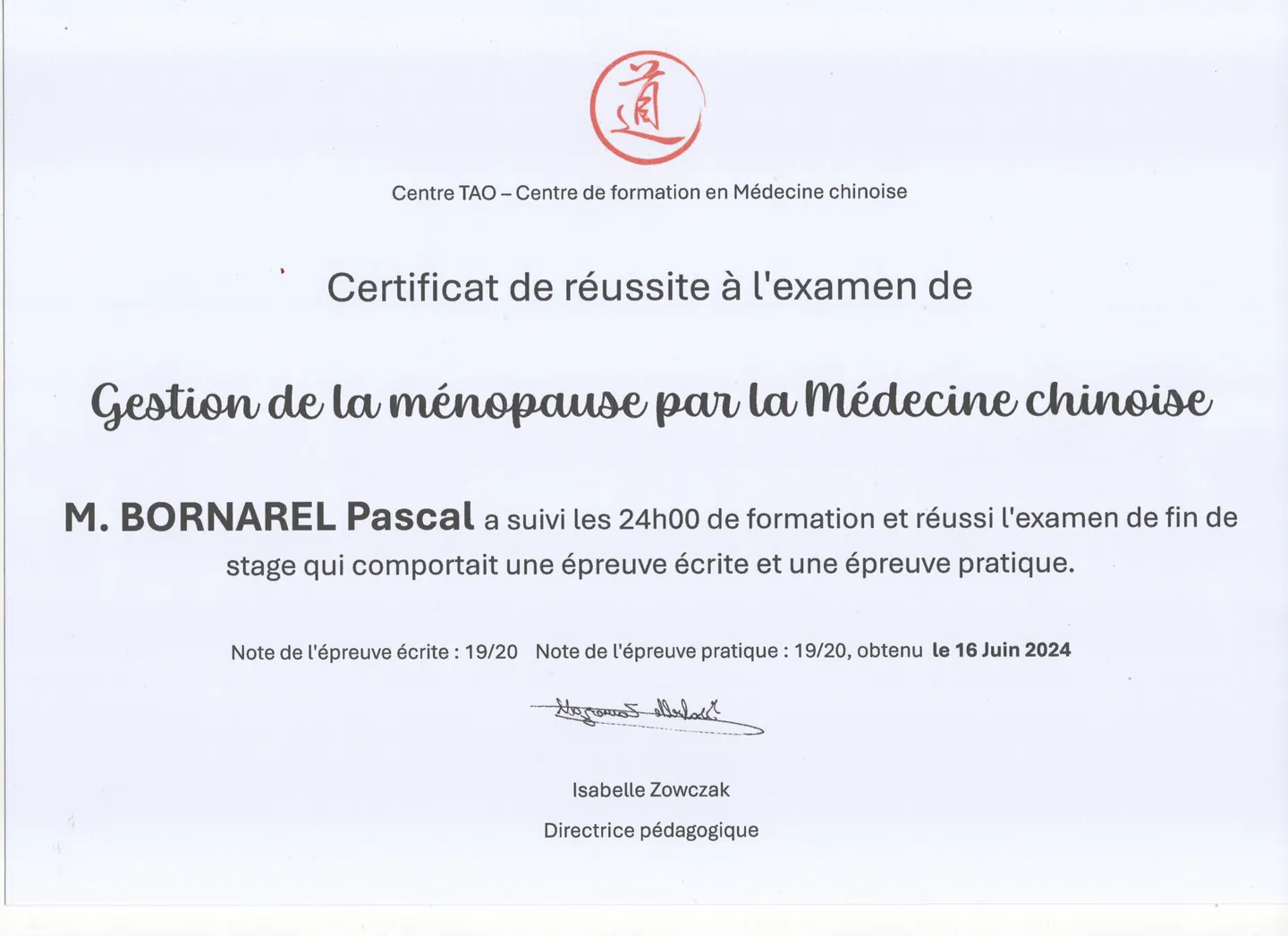 Certificat de formation en gestion de la ménopause de Pascal Bornarel