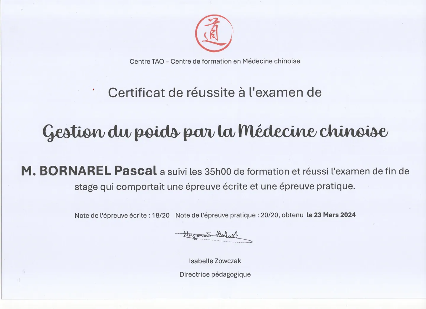Certificat de formation en gestion du poids de Pascal Bornarel