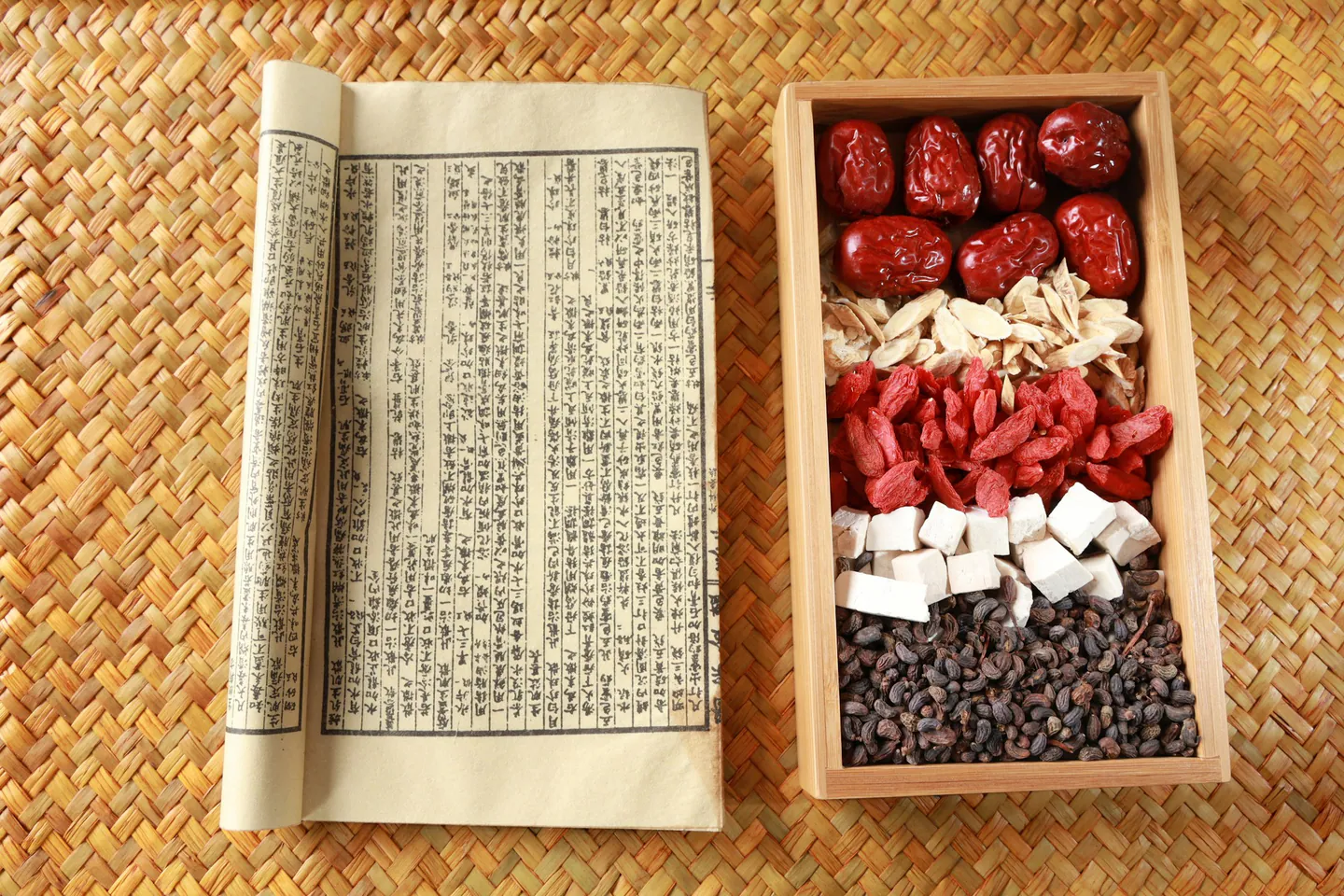 Plantes séchées et ouvrage traditionnel présentés sur une table